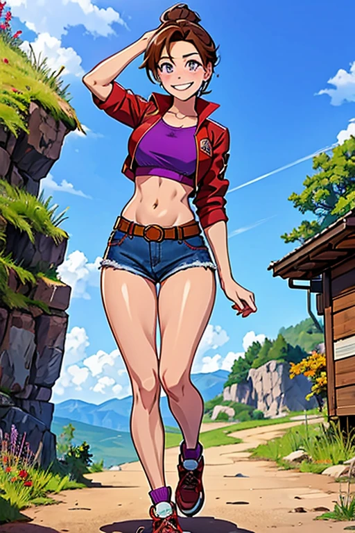 June, brown hair, purple eyes, (Wearing: Opened red jacket, crop-top, denim short shorts, belt and hiking shoes), (Thrilled smile), high quality,4k,
