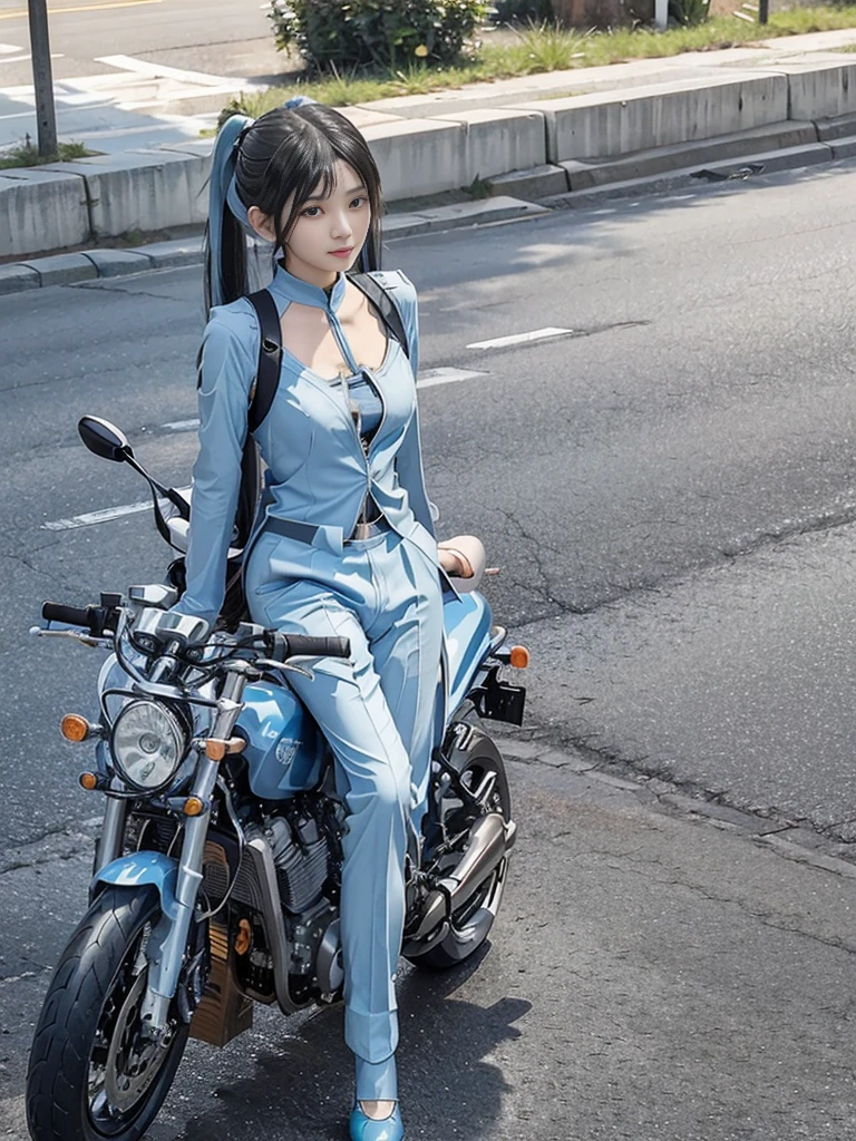 (Practical:1.5), 8K, Ultra exquisite beauty, 1 girl, Intricate motorcycle details, (short: 1.3), (best quality: 1.0), (Ultra-high definition: 1.0),（The eyes are beautifully and delicately depicted）,Unreal Engine:1.4, photoPractical:1.4, Texture:1.4, masterpiece:1.8,best quality、Smile、Long limbs、(((Riding a motorcycle)))、(((Sky blue knight suit and trousers)))、(((twin-tail hair)))