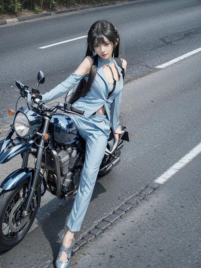 (Practical:1.5), 8K, Ultra exquisite beauty, 1 girl, Intricate motorcycle details, (short: 1.3), (best quality: 1.0), (Ultra-high definition: 1.0),(The eyes are beautifully and delicately depicted),Unreal Engine:1.4, photoPractical:1.4, Texture:1.4, masterpiece:1.8,best quality、Smile、Long limbs、(((Riding a motorcycle)))、(((Sky blue knight suit and trousers)))、(((twin-tail hair)))