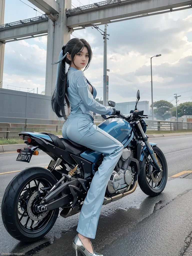 (Practical:1.5), 8K, Ultra exquisite beauty, 1 girl, Intricate motorcycle details, (short: 1.3), (best quality: 1.0), (Ultra-high definition: 1.0),(The eyes are beautifully and delicately depicted),Unreal Engine:1.4, photoPractical:1.4, Texture:1.4, masterpiece:1.8,best quality、Smile、Long limbs、(((Riding a motorcycle)))、(((Sky blue knight suit and trousers)))、(((twin-tail hair)))