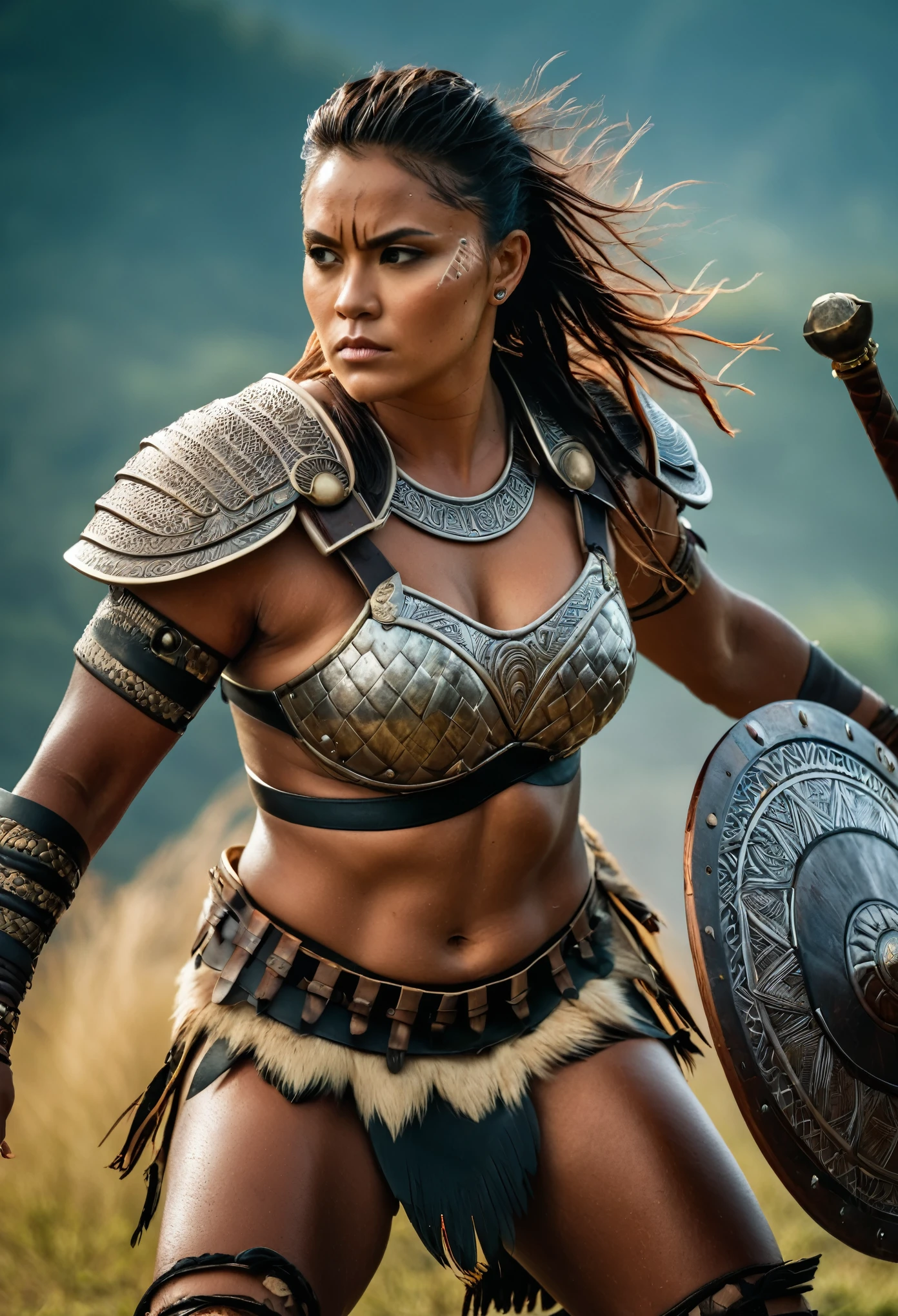 Foto RAW, Thick figure, Heavy physique, ((best quality)), ((masterpiece)), (detailed), perfect face, Envision a savage female barbarian warrior, her Brave dominance in the battlefield as she unleashes her fury upon her foes. Her armor should be adorned with tribal markings and symbols, representing her connection to her ancestral heritage, (pele altamente detalhada: 1.2), 8k UHD, DSLR, soft-lighting, alta qualidade, grain of film, Fujifilm XT3