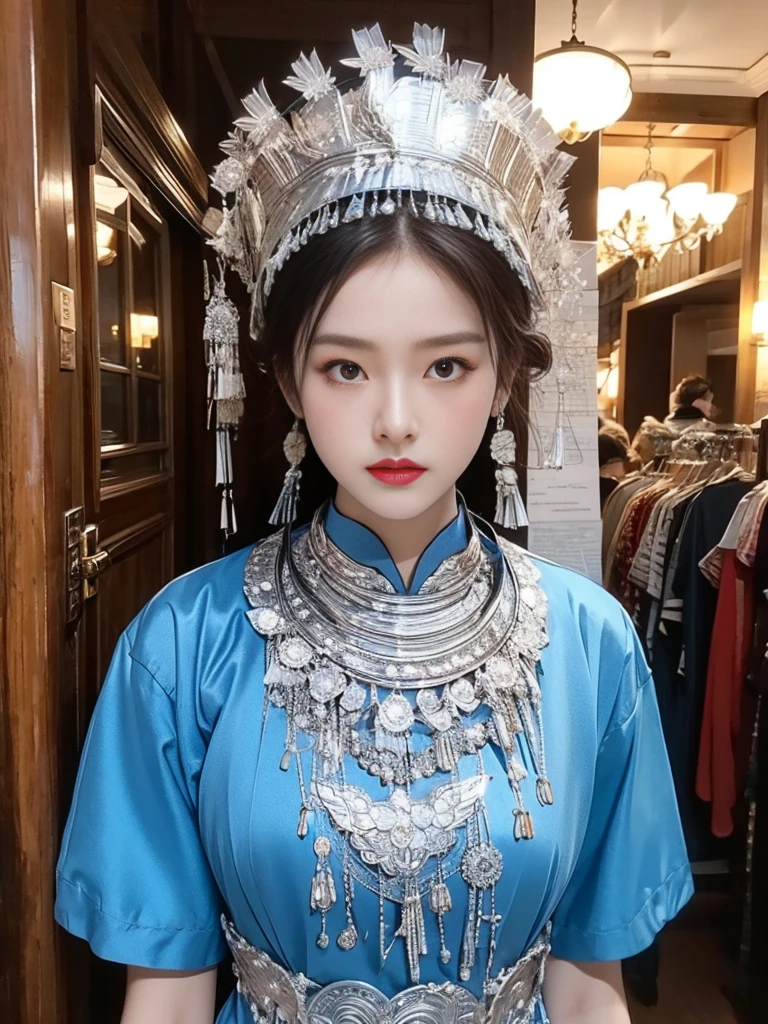 （8K，best quality，masterpiece：1.2），Ultra-high detail，Professional lighting，best quality，Ultra-high resolution，Visually stunning，（1 girl：1.1），（Miao costumes and headdresses），Real human skin，（Perfect body 1.9）Super delicate face。