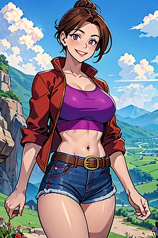 June, brown hair, purple eyes, (Wearing: Opened red jacket, crop-top, denim short shorts, belt and hiking shoes), (Thrilled smile),(Background: Outdoor, view of the valley, sky, clouds, day time), high quality,4k,
