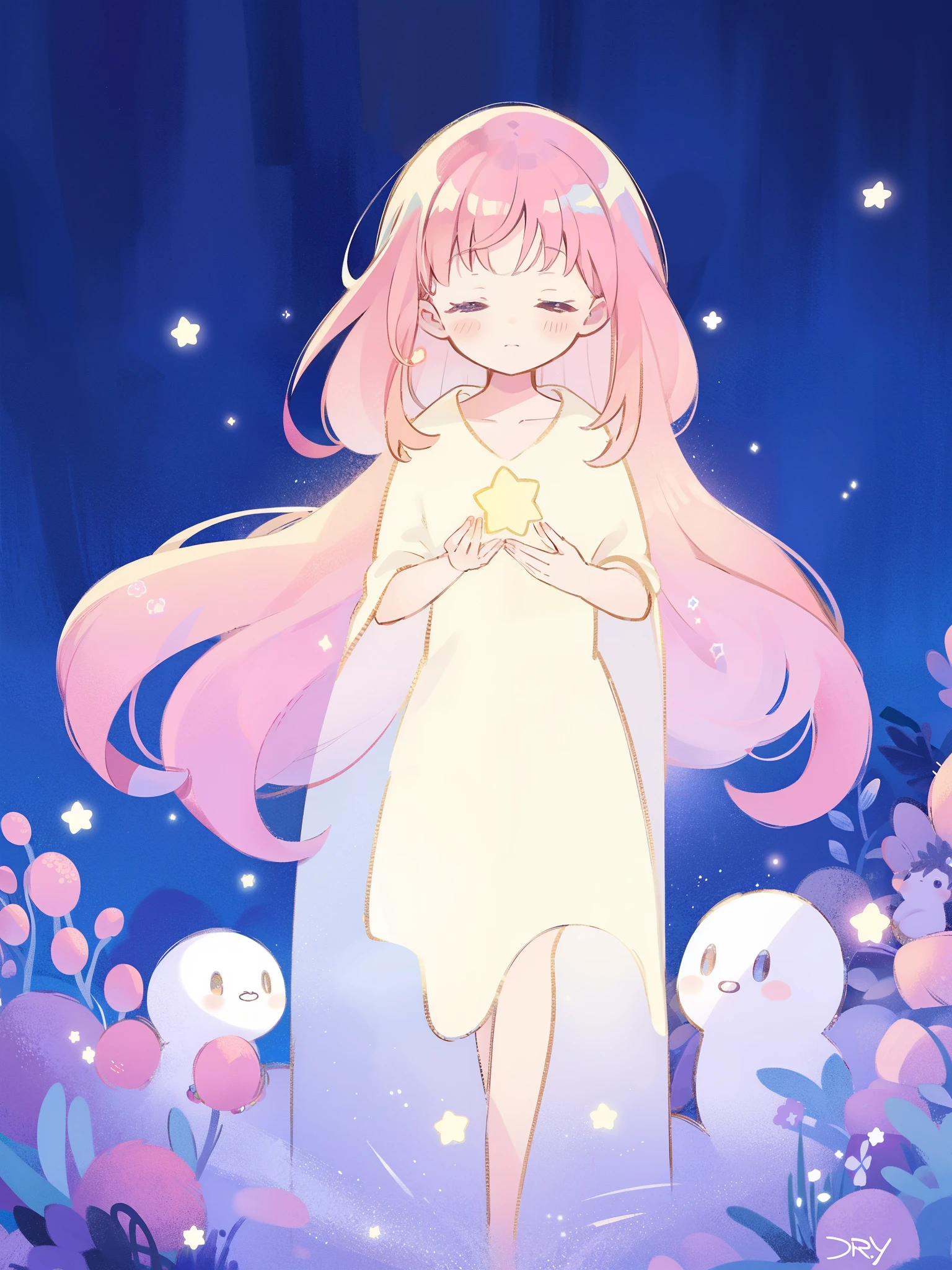 complex background, wishing star magical forest background, a woman wearing an ethereal mystical pink translucent dress that reflects the stars, perfume promo art, mystic, complex drawing, highly detailed, Covergirl brand, promo art, artistic rendition, ethereal, starry night, midjourney style