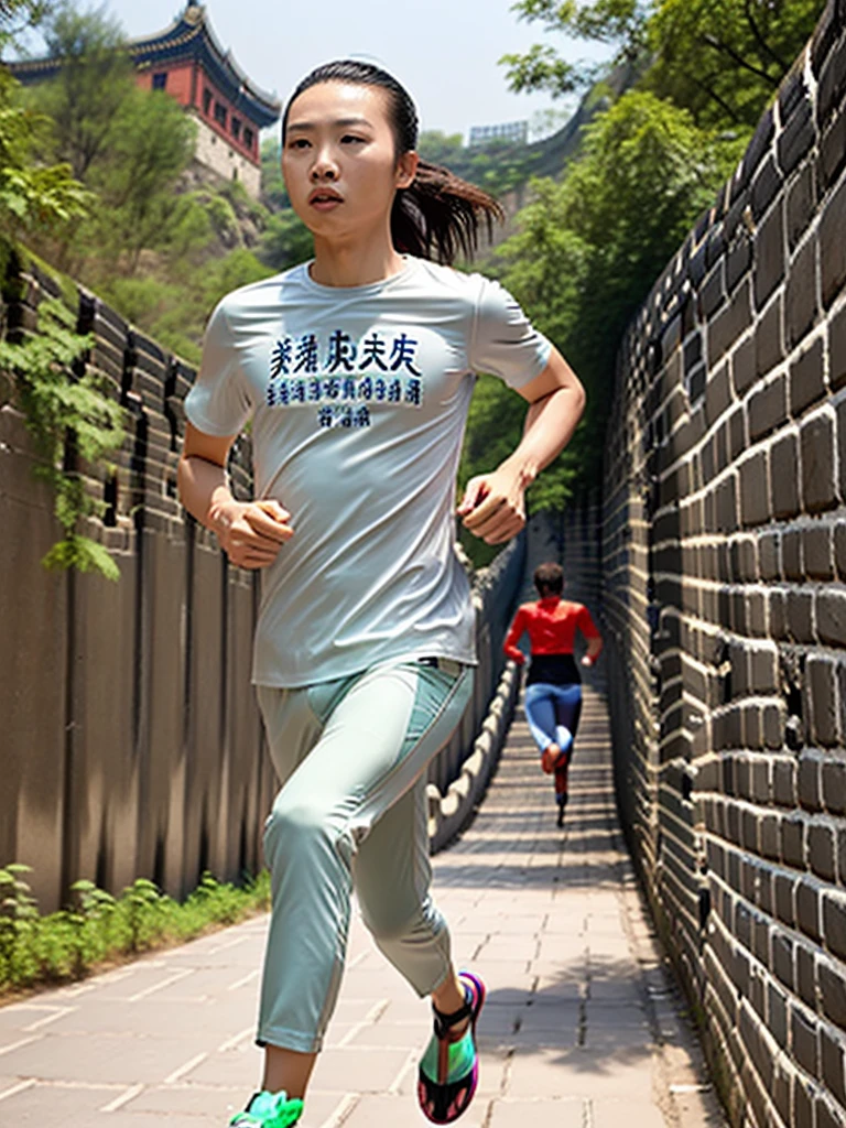 full_Body, permanent, sandals, (shirt), Pants, (the great wall of china), (I_running: 1.3), Perfect face, (Contact iris: 1.1), Pale skin, skin pores , Depth of Field