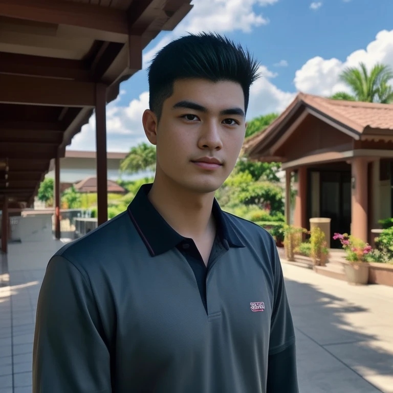arafed man in a red shirt standing in front of a gazebo, Asian man, light stubble with red shirt, wearing a polo shirt, Heart emblem on the chest, Kaio Santos, red shirt, Wlop และ Ross Tran, Handsome Chad Chin, model, CCG artist, handsome man, Inspired by Randy Vargas, David Marquez, Profile picture, Damian Tran