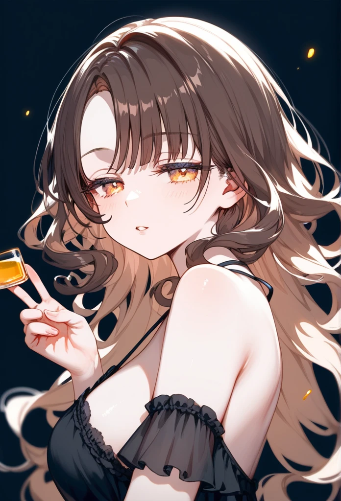 masterpiece, Score_9, Score_8_up, Score_7_up, rear view, 1 woman, alone, brown hair, long curly hair, split bangs, honey eyes, half-closed eyes, parted lips, expressionless, pale skin, large breasts, upper body, Black nightdress with V-neckline, black background, best quality, long and split bangs.