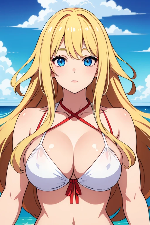 ((highest quality)), ((masterpiece)), (detailed), Perfect Face, Blonde long hair, Large Breasts、White Bikini、Upper Body