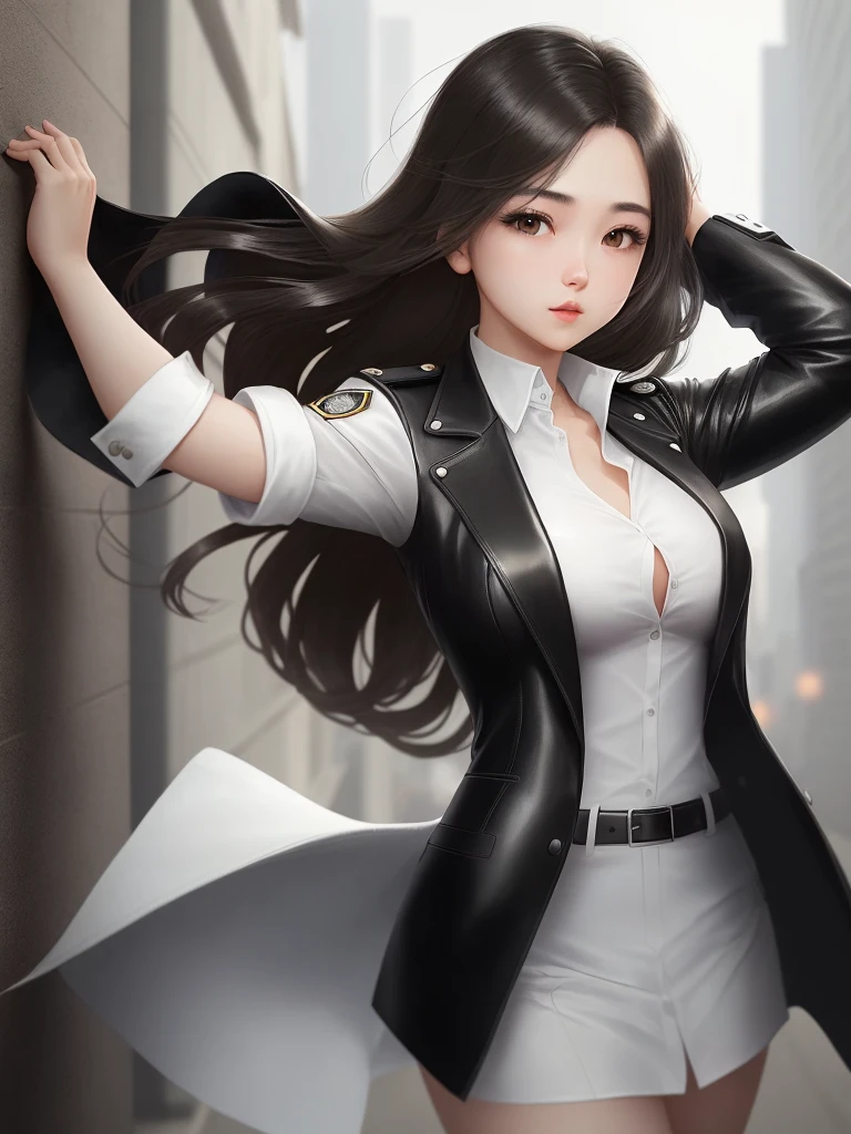 A 25-year-old detective girl, Wearing a white shirt ,Black leather suit with rolled up sleeves, #1: Medium Length Light Blonde Curls, Sharp eyes, Cold Face, Enhanced facial features,There is a mole under the lower lip, Amber Eye and Side Lip Piercing