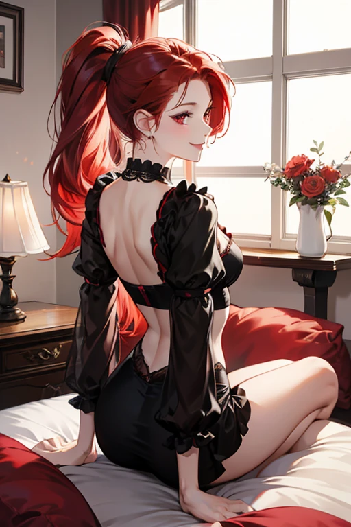 Redhead girl, (masterpiece), (best quality), (High contrast), (Realistic), long hair, two braids, (from behind), brown eyes, feminine approach, blue lace bra, (on all fours), (bed), big breasts, (perfect body), (arched back), beautiful ass, no panties, (erotic underwear), (black stockings), slim legs, open legs, lying down, bed, (8k lighting),