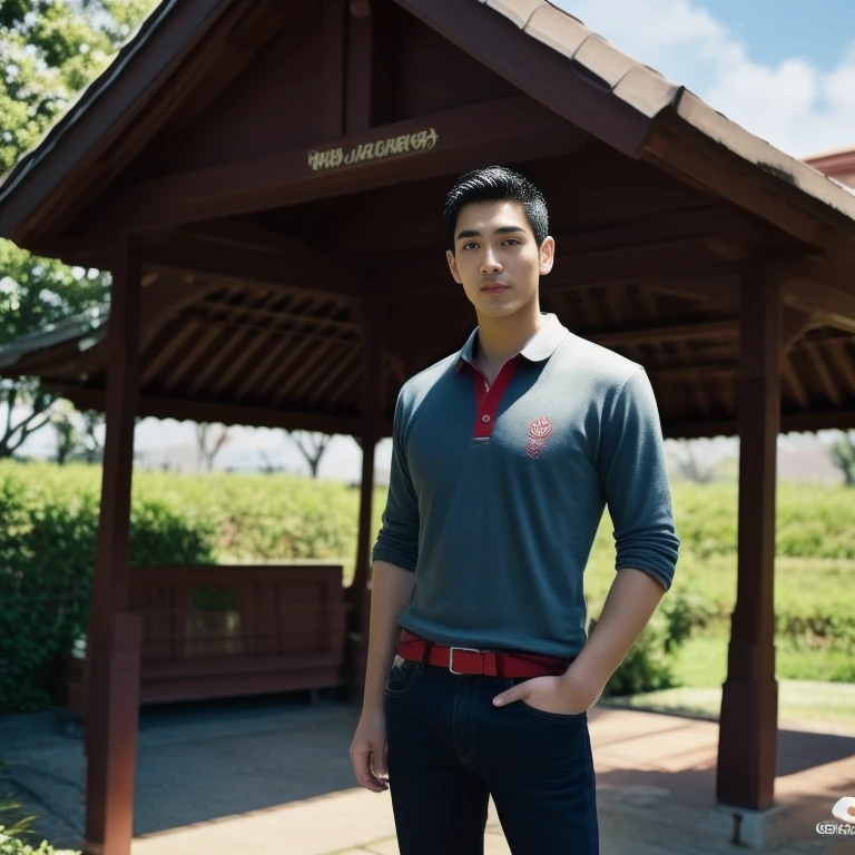 arafed man in a red shirt standing in front of a gazebo, Asian man, light stubble with red shirt, wearing a polo shirt, Heart emblem on the chest, Kaio Santos, red shirt, Wlop และ Ross Tran, Handsome Chad Chin, model, CCG artist, handsome man, Inspired by Randy Vargas, David Marquez, Profile picture, Damian Tran