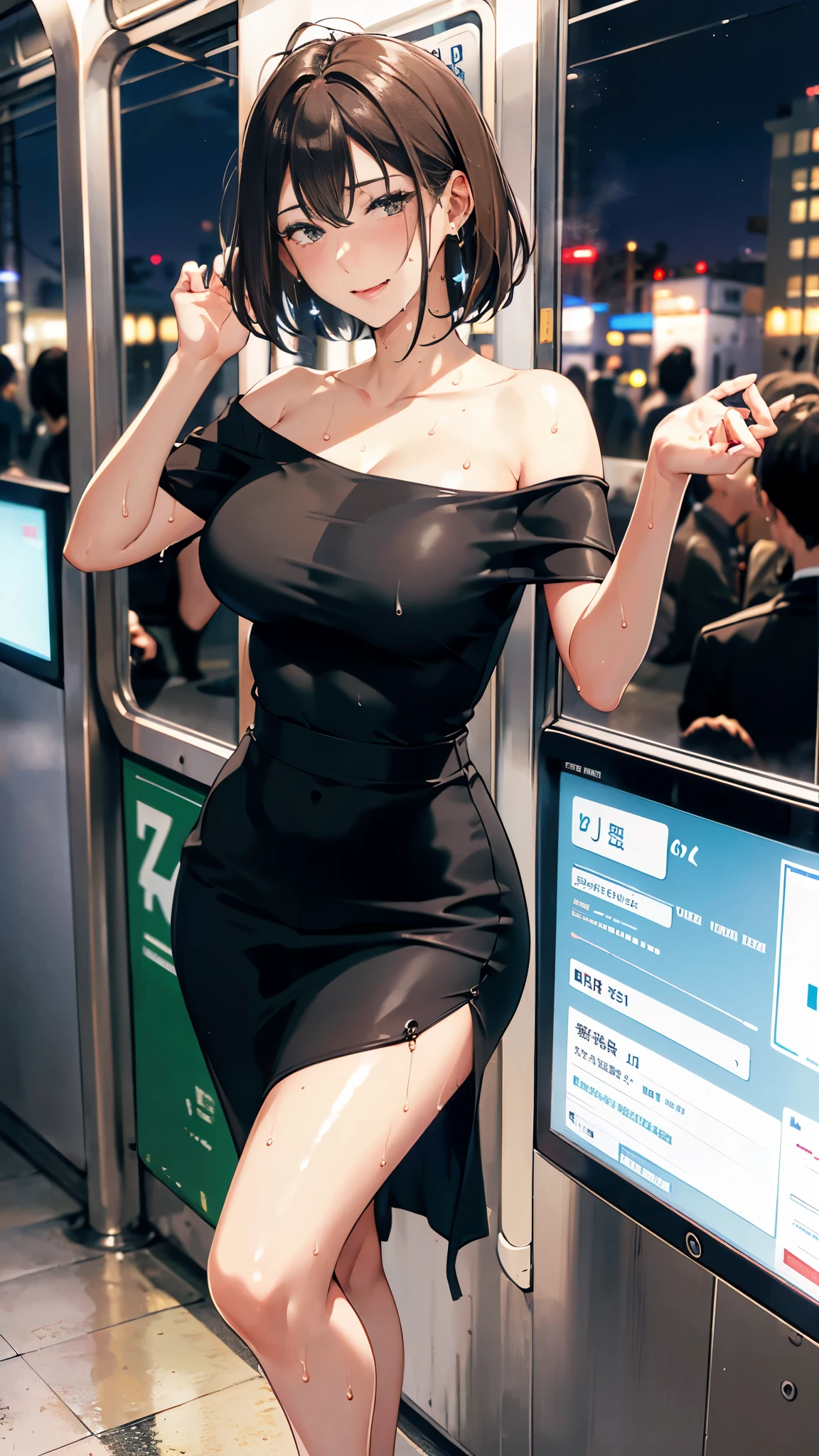 (8k, RAW photo、highest quality、masterpiece:1.2), Masterpiece, best quality, high resolution, very detailed, detailed background, 1 girl, looking at the audience, standing on the subway, inside the train, posing pose,  off-the-shoulder dress, skirt, transparent, happy, (steam),((sweat))、The temptress、invite to lewdness、(night:1.6)