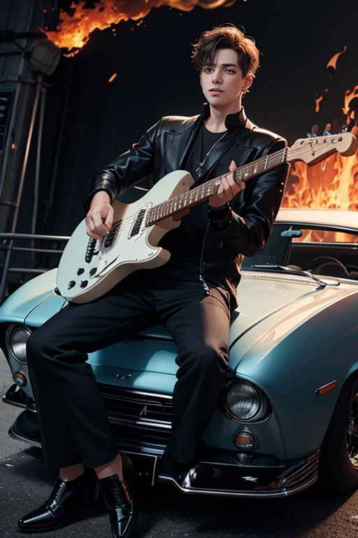 A car lover boy out of a classic car whit black clothes . He had a amazing electric guitar whit fire 