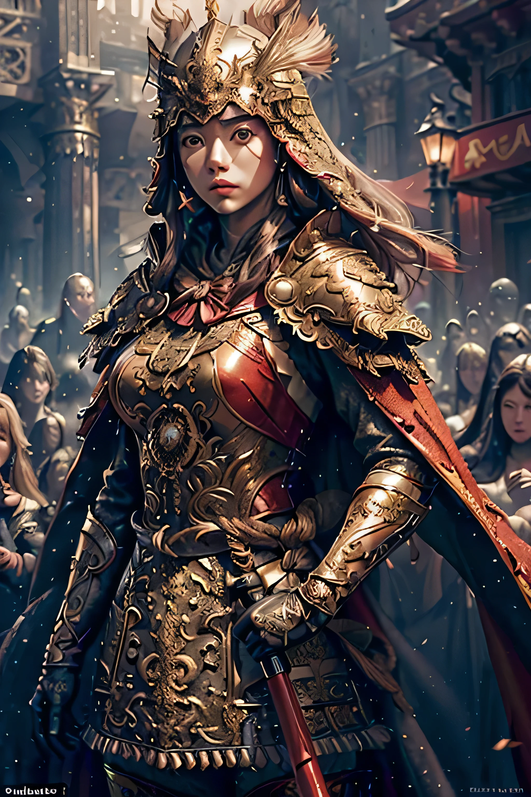 ((masterpiece))), (((highest quality))), ((Super detailed)), (Surreal), (Highly detailed CG illustrations), Cinematic Light, Realistic ,Very beautiful young woman, light makeup, Large Breasts, Complex and detailed airbag, Red Cape, gun