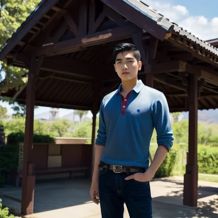 Man Arav stands in front of a building with a blue sky., Niwan Chandra, Thawan Duchanee, Southeast Asians with round faces, Portrait in the middle of a shot, 2 3 years old, Rick Dai, 2 7 years, 21 years old, Christopher Chao, 22 years old, Handsome Chad Chin, David Luong, backdrop