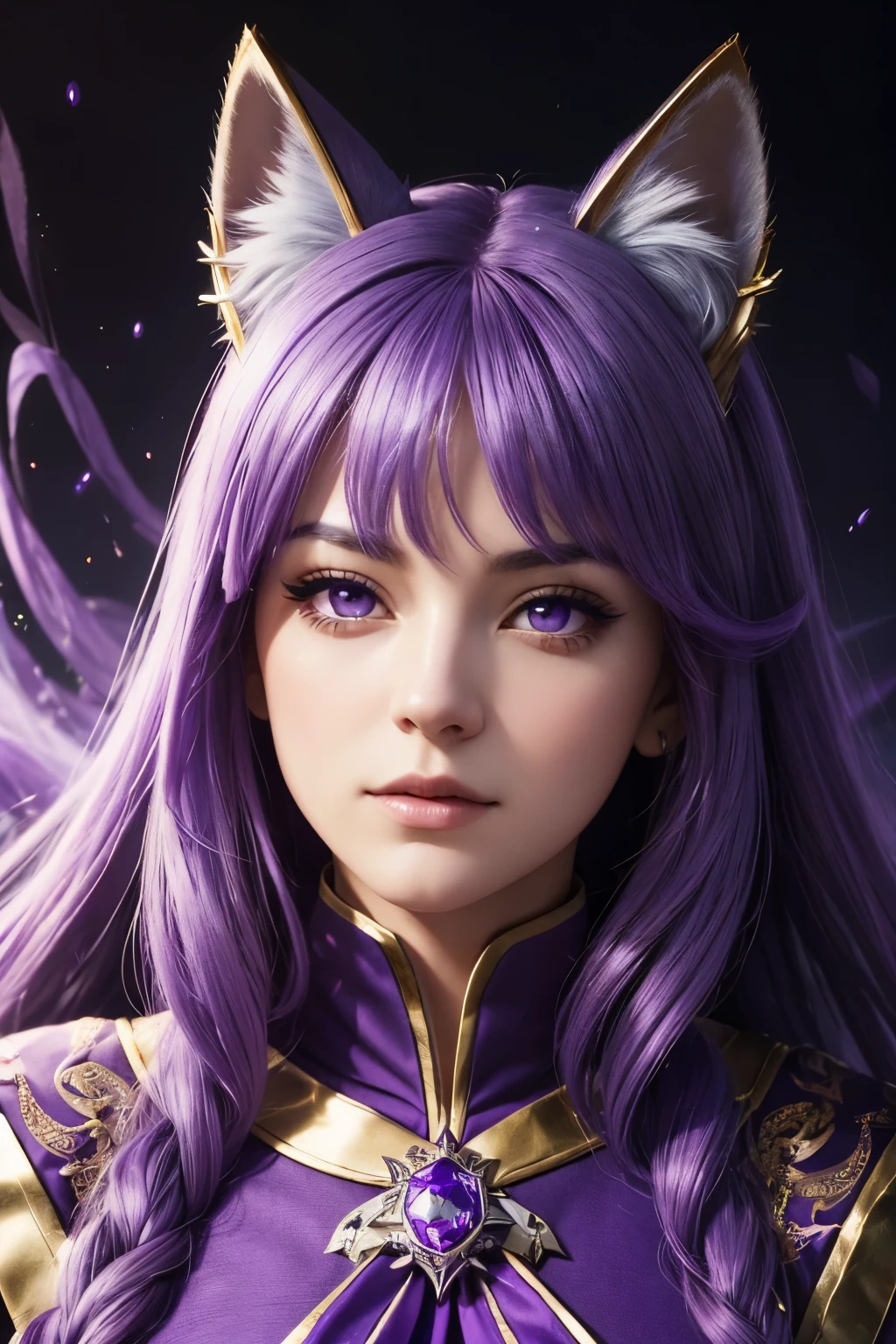 ((High quality)), face detailed, realistic character, shadow power, magic purple particles, purple hair, calm expression, lilac eyes, fox ears, perfil pose, royal clothes, princess crown on head.