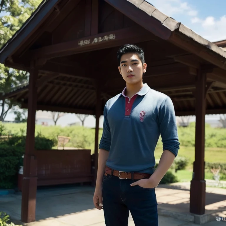 Man Arav stands in front of a building with a blue sky., Niwan Chandra, Thawan Duchanee, Southeast Asians with round faces, Portrait in the middle of a shot, 2 , Rick Dai, 2 7 years, 21 years old, Christopher Chao, 22 years old, Handsome Chad Chin, David Luong, backdrop