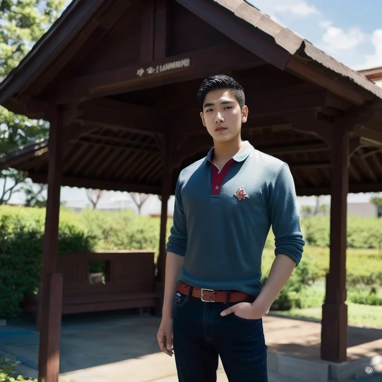 Man Arav stands in front of a building with a blue sky., Niwan Chandra, Thawan Duchanee, Southeast Asians with round faces, Portrait in the middle of a shot, 2 3 years old, Rick Dai, 2 7 years, 21 years old, Christopher Chao, 22 years old, Handsome Chad Chin, David Luong, backdrop