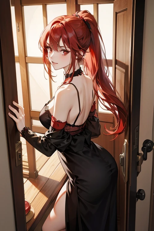 red hair ponytail woman, black lingerie, with her hands resting on a wooden door in a simple room, looking seductively behind