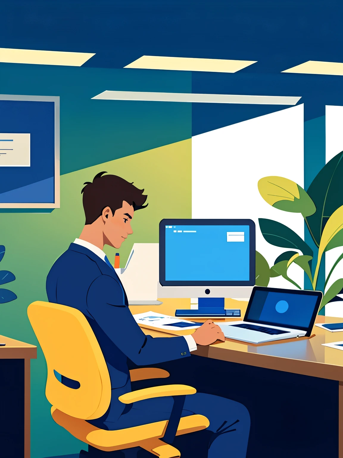 flat, basic shapes, stylish, a man working on a laptop in a stylish office