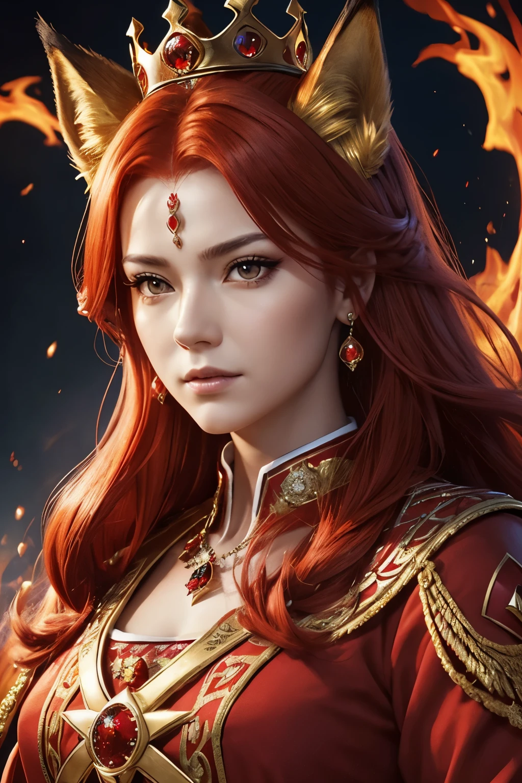 ((High quality)), face detailed, realistic character, flame power, magic red particles, red hair, determined expression, mature face, red eyes, fox ears, perfil pose, royal clothes, Queen crown on head.