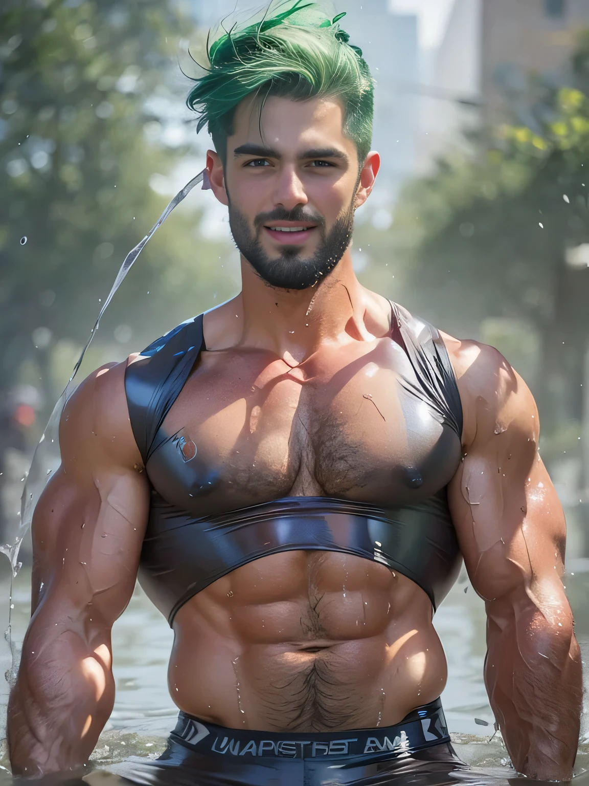 green hair man, short hair, bearded, muscular, god-like , powerfull, nature power, masterpiece,best quality,ultra-detailed, wet body, sweaty, half smile, looking at viewer, taking off his gray underware, vpl