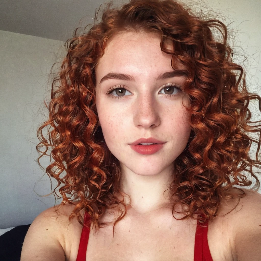 French 19 years old, rousse, tache de rousseur, sous-vêtements rouge, prend une photo avec son iPhone 15, selfie, dans sa chambre, fine, curly hair, sexy
