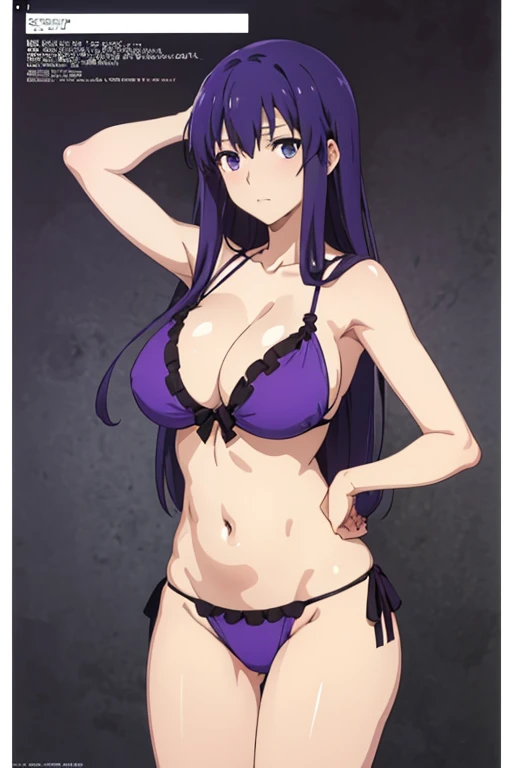 (masutepiece, Best Quality, High resolution:1.5, anime colours, megami magazine:1.2, anime poster style, anime keyvisual, sharp, 8k, photorealistic), (arms at sides), (beautiful eyes:1.5, beautiful face), matou_sakura_fatestaynightufotable
anime_style, 1girl, solo, Cute, (Long Hair), (sagging huge breasts), (purple bikini), cleavage, (cowboy shot), (Perfect detailed Anatomy, beautiful detailed hair, perfect detailed body:1.2, shiny skin), (thick outline, Beautiful outlines, black outlines), simple background,