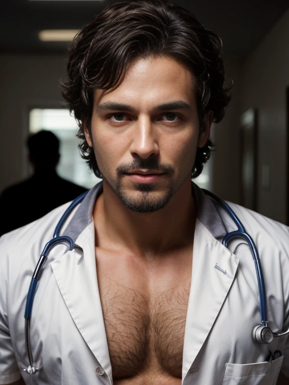 masterpiece, best quality, high resolution, closeup portrait, male focus, solo focus, A man, with doctor clothes, bare chest, body hair, facial hair, goatee, messy short hair, very hairy body , skinny , in the background a doctor office, amazing composition, front view, full body, HDR, ultra quality, elegant, highly detailed