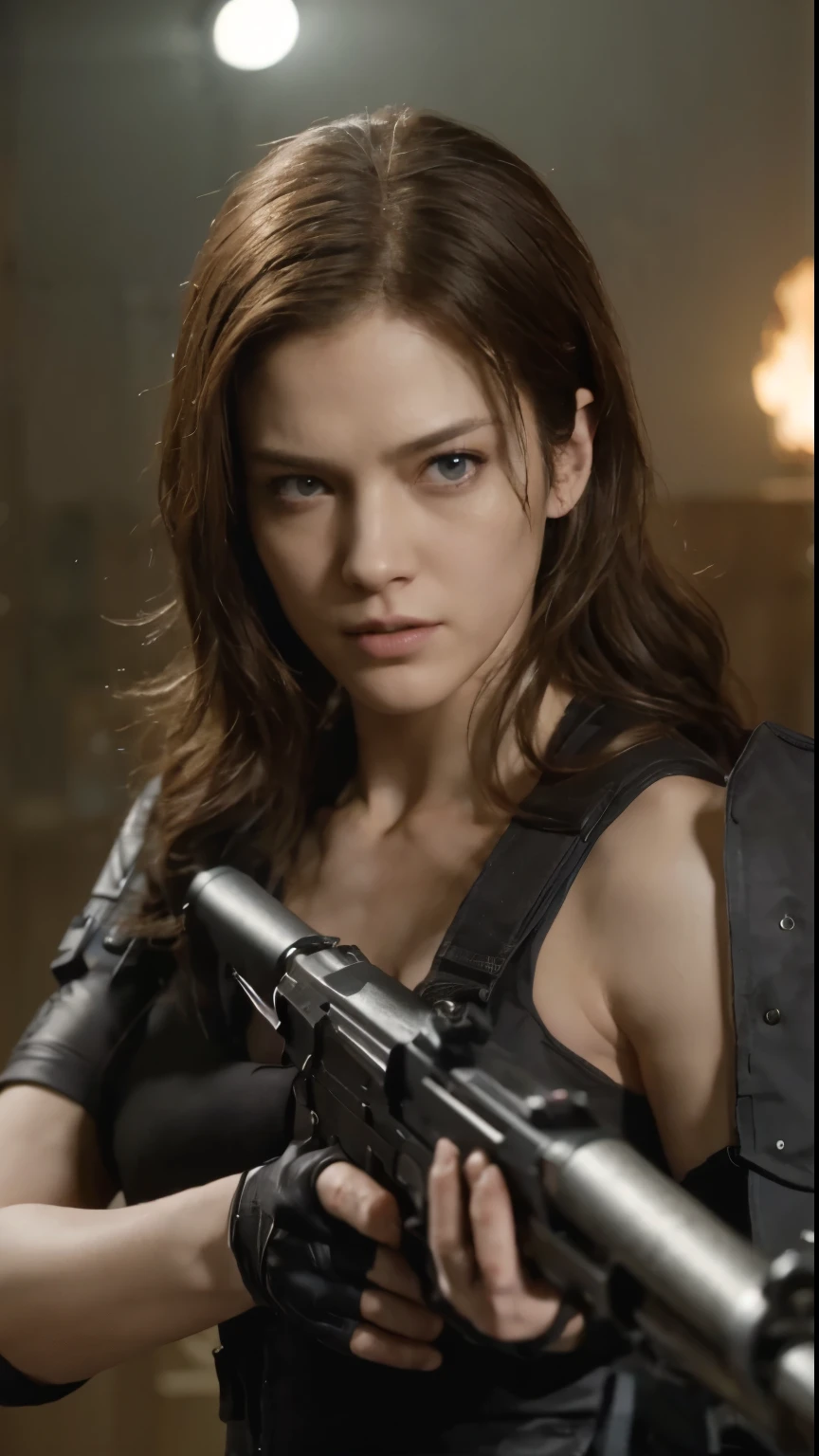 Filme『Resident Evil:apocalipse』A thrilling high-definition scene unfolds.、The main character's unshakable determination, Jill Valentim, is transmitted.。Neste momento meticulosamente retratado、Jill dressed in the official Resident Evil uniform、Skillfully aim your gun at the menacing zombie。Seu longo, Loose hair sways gently in dynamic lighting.、Projetar sombras profundas、It highlights your chiseled features and fierce expression.。Jill'cara、A mistura perfeita de intensidade e foco、Linda e detalhada com olhos profundos、I'm fixated on the threat before me.