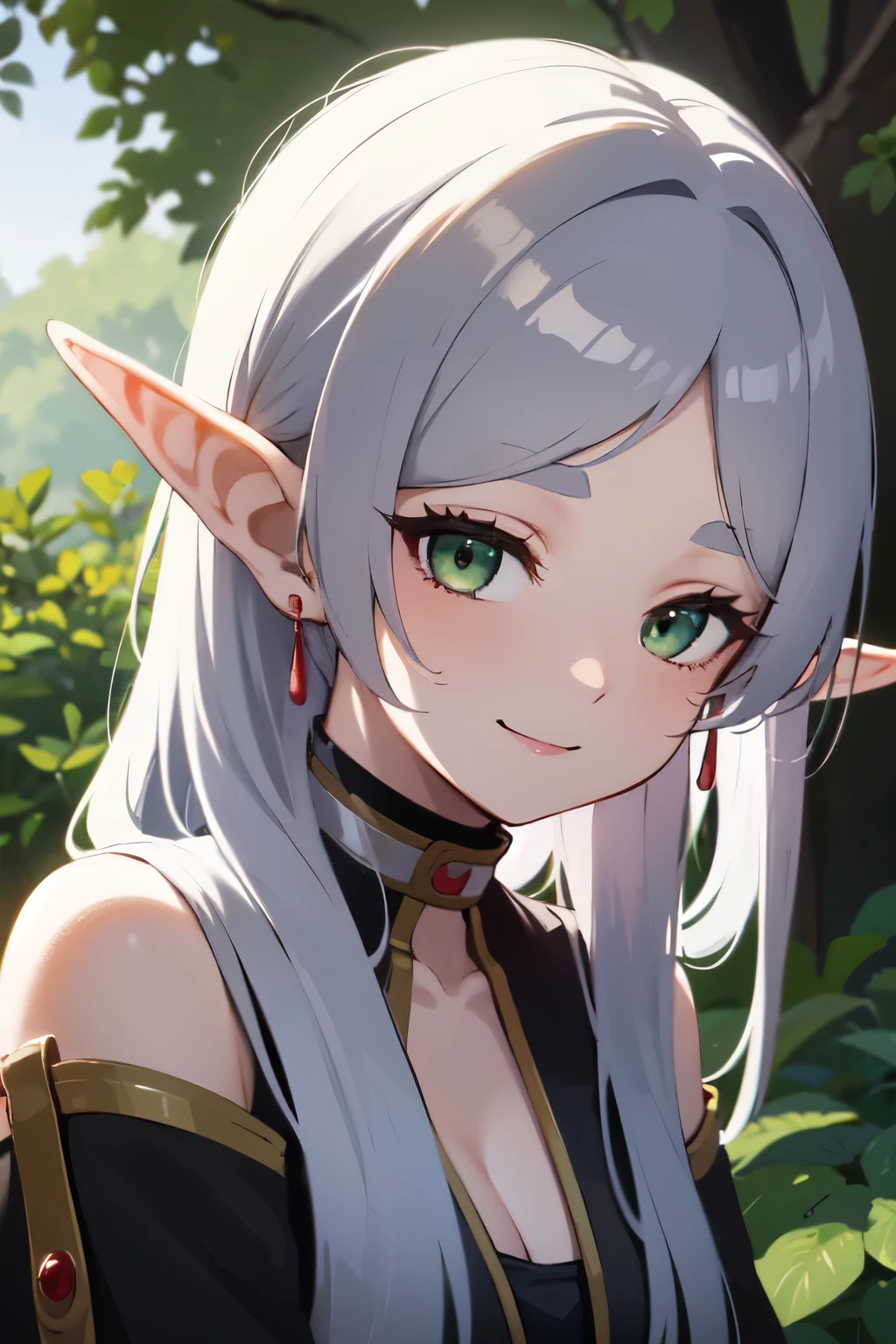 ((best quality)), ((masterpiece)), (detailed), perfect face. Asian girl. Silver hair. Green eyes. Elf ears. Smile.