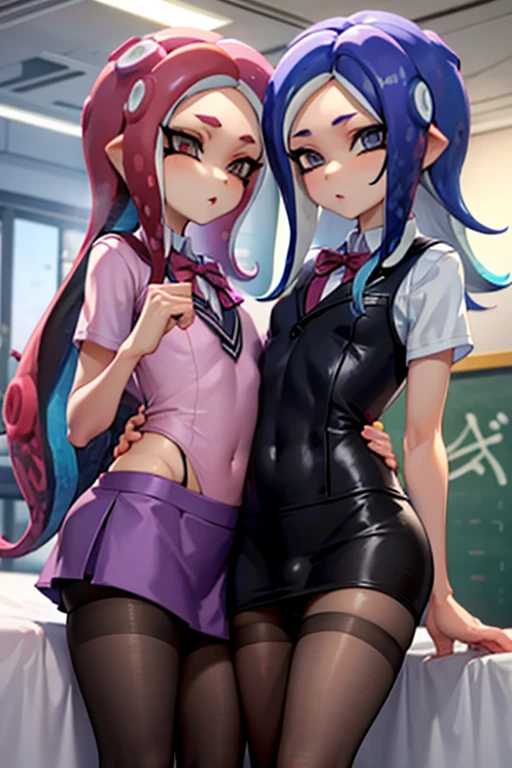 Number 8、Splatoon、Purple Hair、Long Hair、((pantyhose))、Photo from below、Medium chest、Bedroom、Swimsuit、((school uniform))、bulge, femboy, legs spread, 2girls, kissing, dating