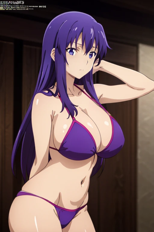 (masutepiece, Best Quality, High resolution:1.5, anime colours, megami magazine:1.2, anime poster style, anime keyvisual, sharp, 8k, photorealistic), (arms at sides), (beautiful eyes:1.5, beautiful face), matou_sakura_fatestaynightufotable
anime_style, 1girl, solo, Cute, (Long Hair), (sagging huge ), (purple bikini), cleavagoy shot), (Perfect detailed Anatomy, beautiful detailed hair, perfect detailed body:1.2, shiny skin), (thick outline, Beautiful outlines, black outlines), simple background,