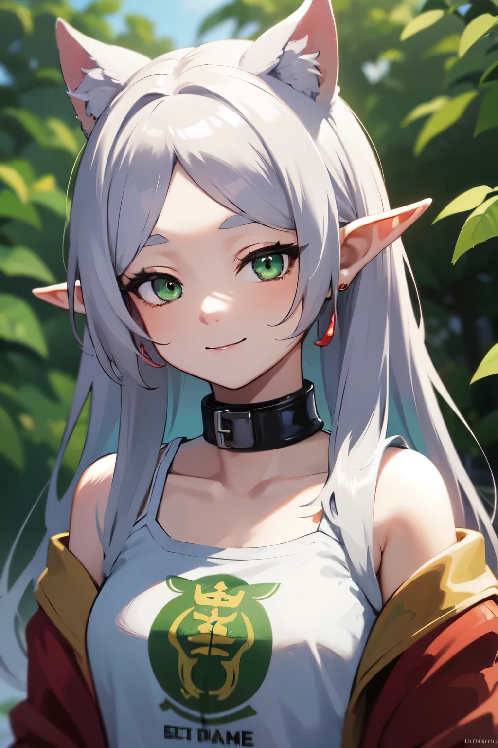 ((best quality)), ((masterpiece)), (detailed), perfect face. Asian girl. Silver hair. Green eyes. Elf ears. Smile. T-shirt.