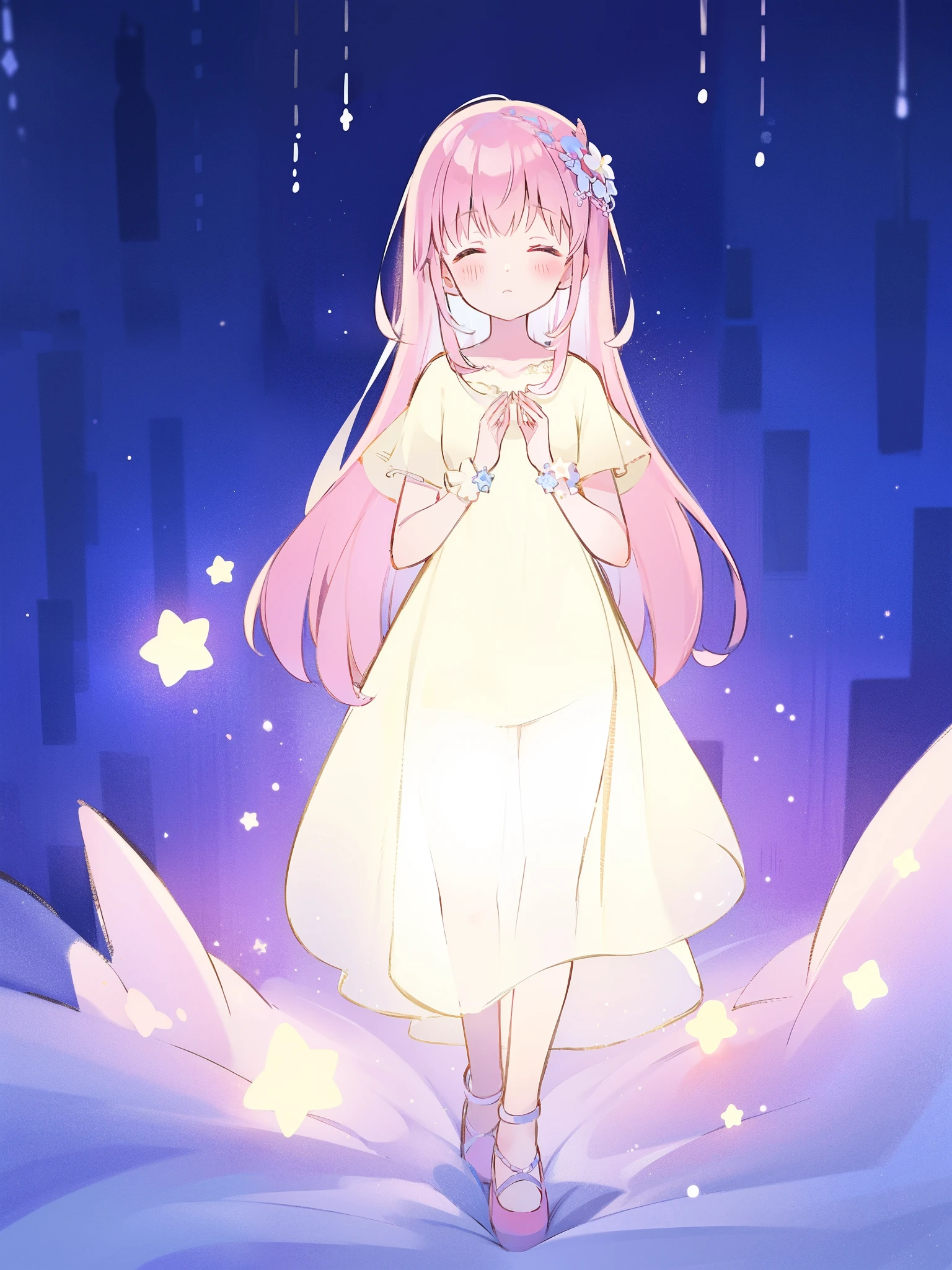 complex background, wishing star background, a woman wearing an ethereal mystical pink translucent dress that reflects the stars, mystic, complex drawing, highly detailed, ethereal, starry night, midjourney style