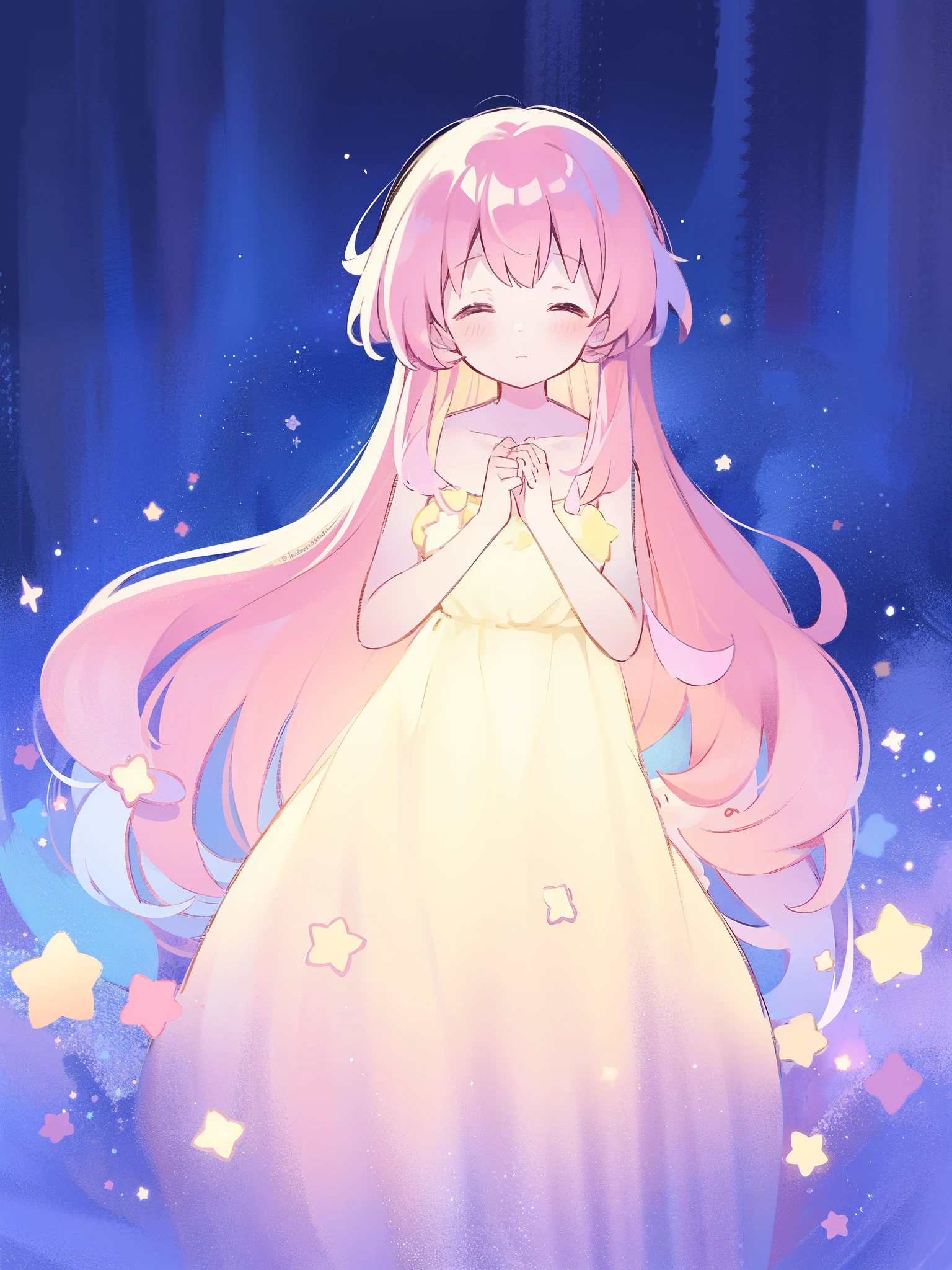 complex background, wishing star background, a woman wearing an ethereal mystical pink translucent dress that reflects the stars, mystic, complex drawing, highly detailed, ethereal, starry night, midjourney style