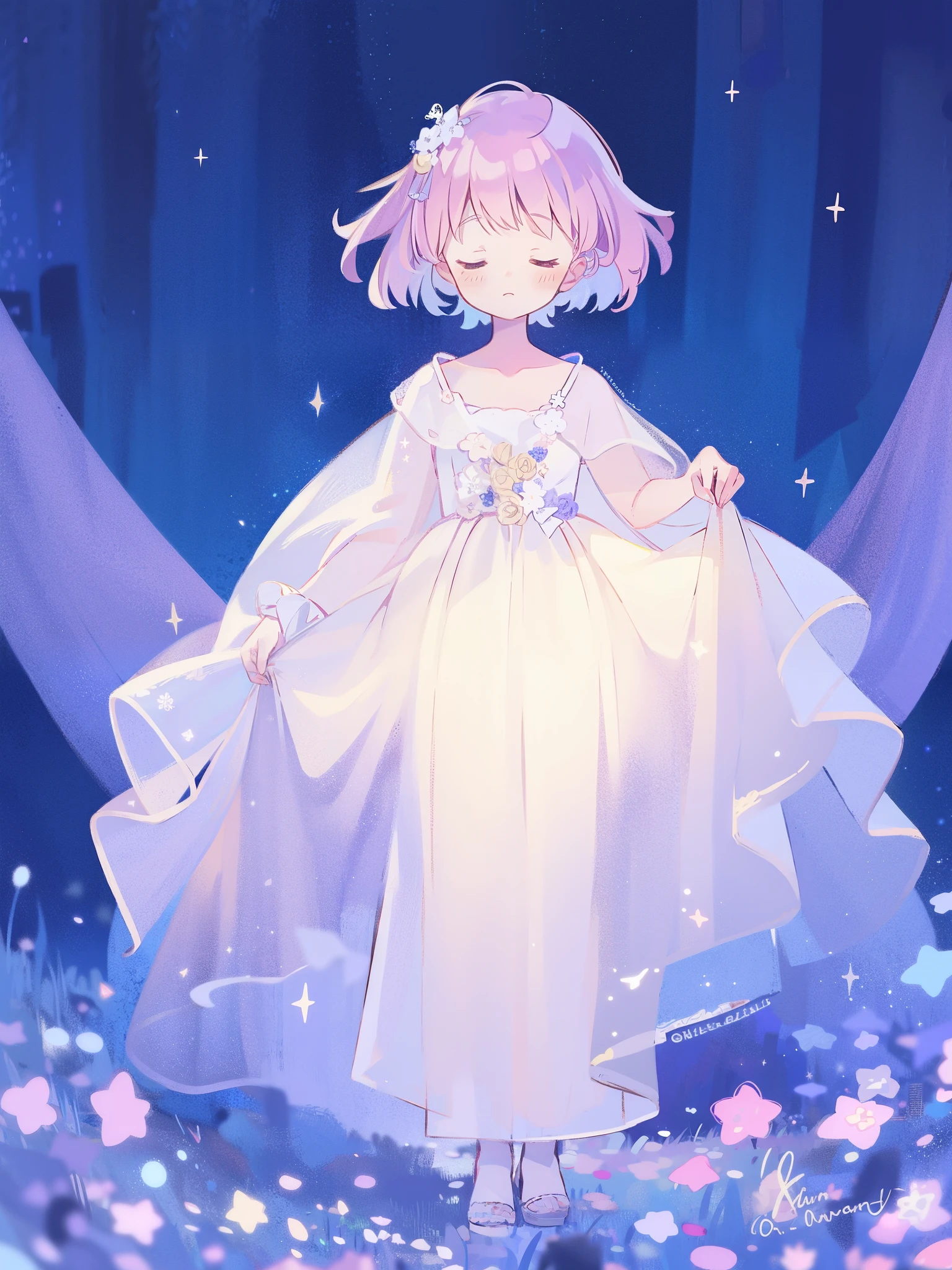 complex background, wishing star background, a woman wearing an ethereal mystical pink translucent dress that reflects the stars, mystic, complex drawing, highly detailed, ethereal, starry night, midjourney style