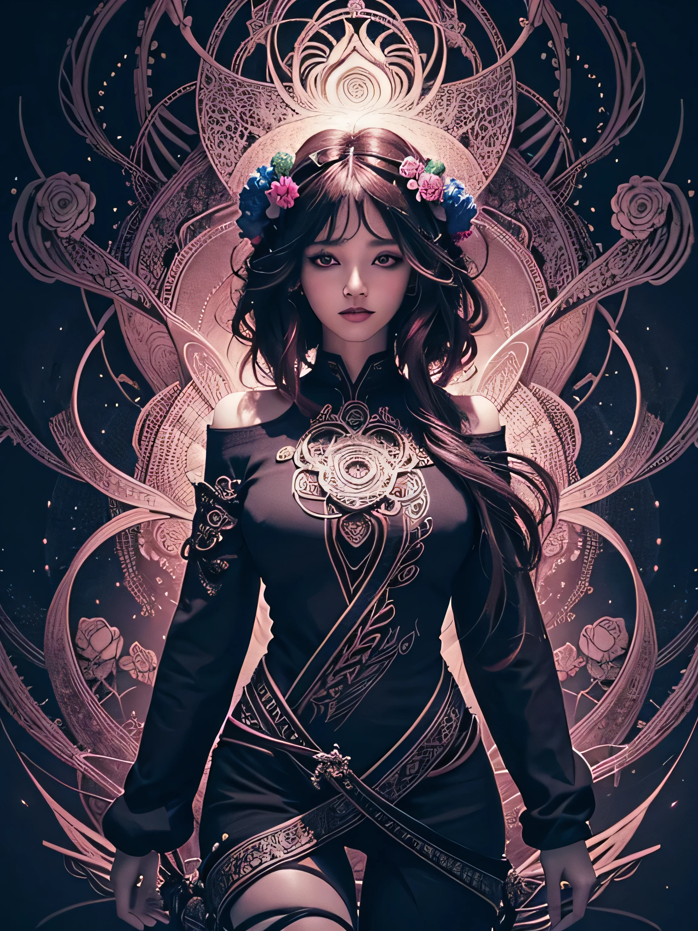 Official Art, unity 8k wallpaper, Super detailed, beautiful and aesthetic, beautiful, masterpiece, highest quality, (zenTangle, Mandala, Tangle, enTangle), (Flower Ecstasy:1.2), Dynamic Angle, Cowboy Shot, the most beautiful form of chaos, elegant, Brutalist design, Vibrant colors, Romanticism, Atmospheric