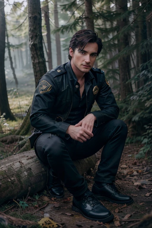 Colin O'Donoghue, Captain Killian, Teen Wolf, 30 years old, short messy light black hair, blue eyes, police sheriff uniform, gray shirt with badge and black pantsuit, black shoes, gold fox pendant, print White fox. forest background fox aura around black color