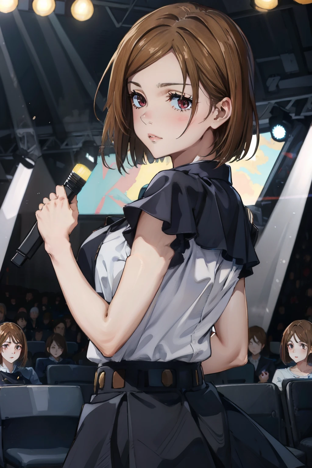 brown hair, Brown eyes, short hair, Shut up, Bangs, Looking at the audience、Large Breasts、Fashiotomically correct, super detail, 4K, textured skin, high quality, highres, super detail, masterpiece，（（Delicate face）），（（beautiful eyes））。(highres:1.1),(absurdres:1.2),
