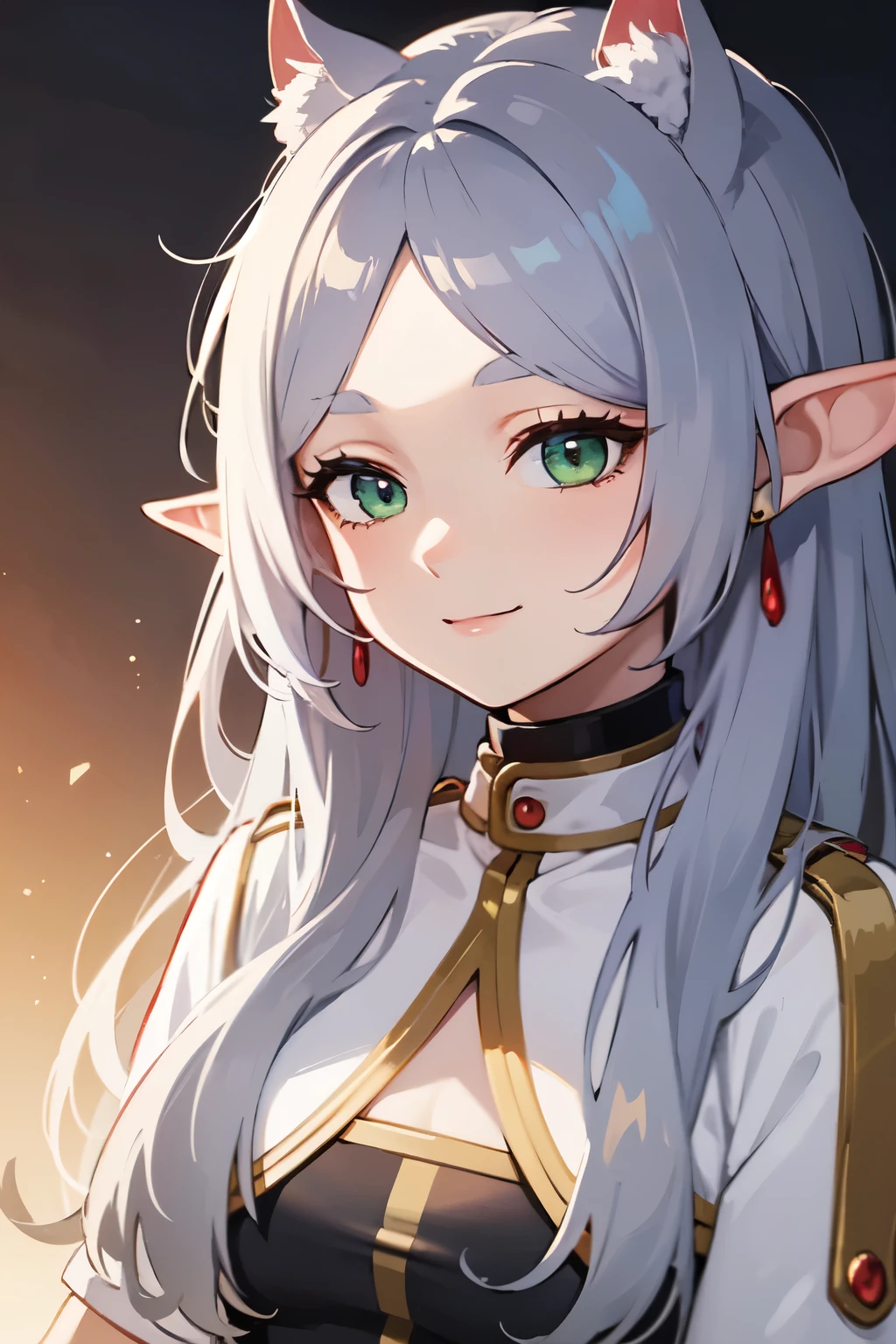 ((best quality)), ((masterpiece)), (detailed), perfect face. Asian girl. Silver hair. Green eyes. Elf ears. Smile. T-shirt.