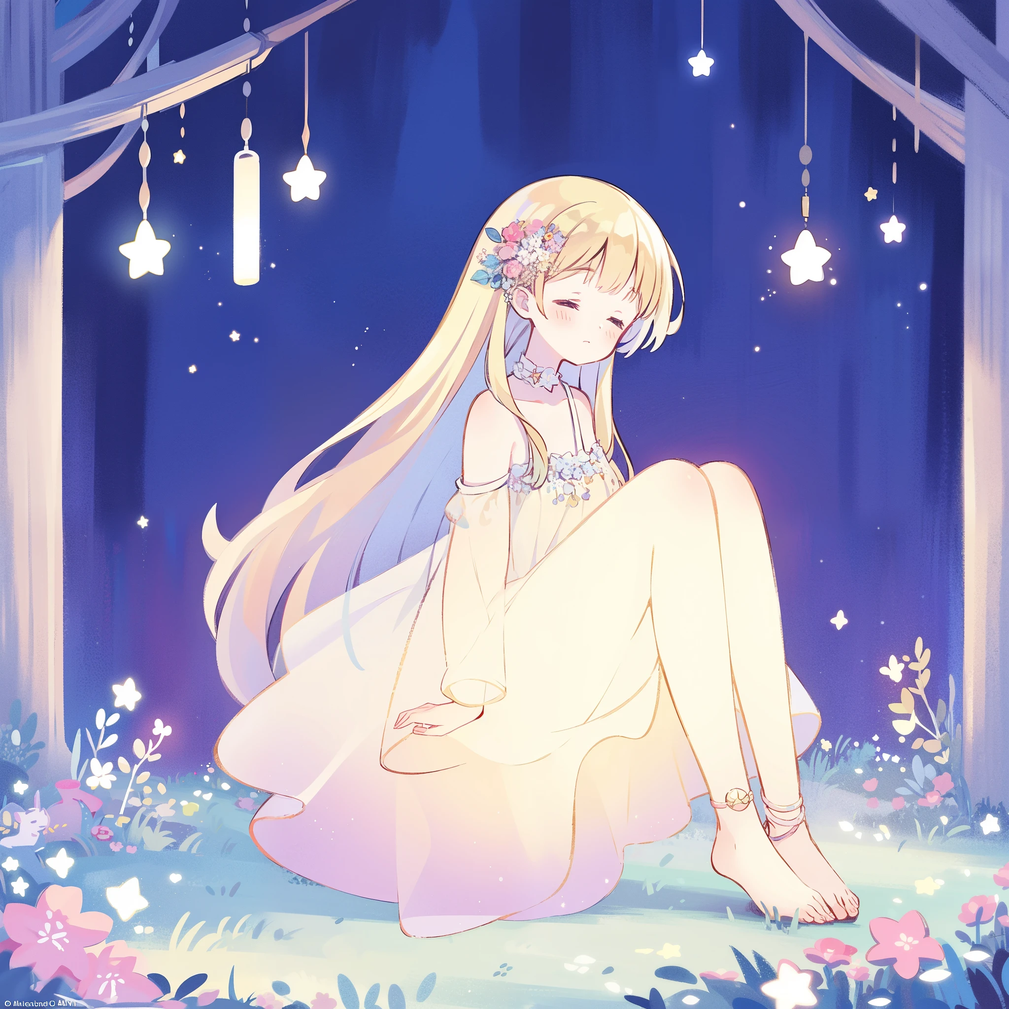 complex background, wishing star background, a woman wearing an ethereal mystical pink translucent dress that reflects the stars, candles, hanging vine flowers, dreamy garden, peaceful, serene composition, glowing stars, glowing, perfume promo art, mystic, complex drawing, highly detailed, Covergirl brand, promo art, artistic rendition, ethereal, starry night, midjourney style