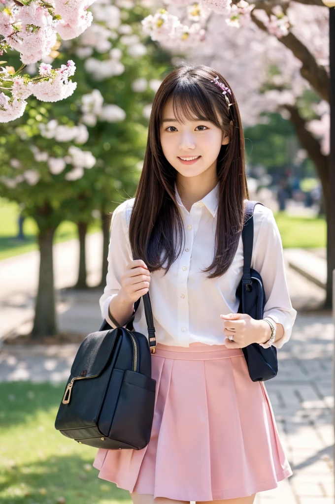 masutepiece, Best Quality, Illustration, Ultra-detailed, finely detail, hight resolution, 8K Wallpaper, Perfect dynamic composition, Beautiful detailed eyes, Natural Lip,a beauty girl、In the bright and refreshing spring sunshine、Imagine a female college student walking around campus.。、She is wearing very mini pink skirt and a white lace blouse. one shirt button is missing. she . the hair flutters with the wind、々He is depicted having a conversation with.。The cherry blossoms on campus are in full bloom、Green tree on background々々々There is a bench where students can gather...。She is carrying a soft light pink small backpack.、she has a cute doll in her hand、Expressing the image of a typical female college student enjoying learning and free time.