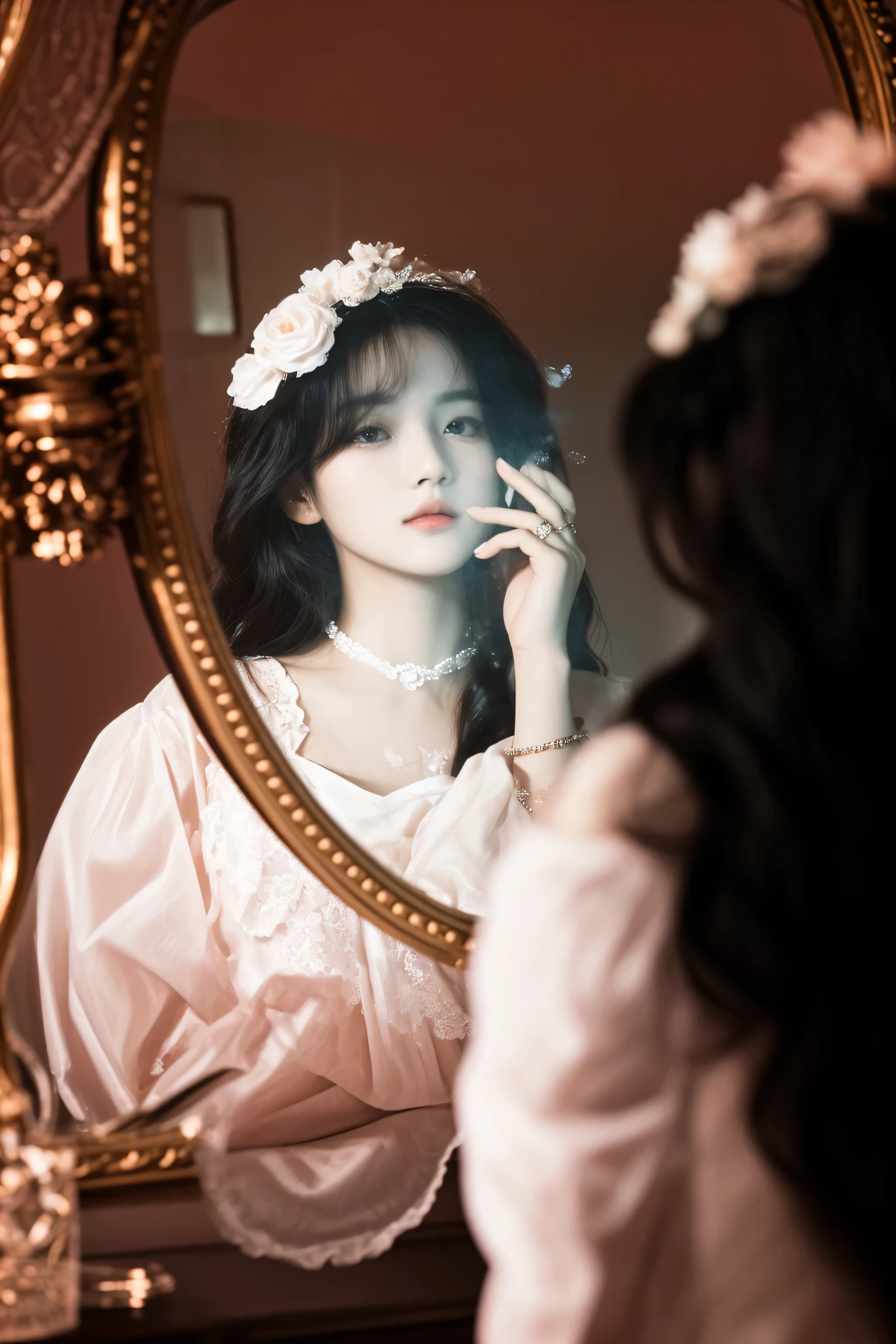 there is a woman that is looking in the mirror, portrait shot, taken with canon eos 5 d mark iv, with a mirror, rococo queen, portrait of female korean idol, inspired by Jeong Seon, captured on canon eos r 6, looking in the mirror, shot with canon eoa 6 d mark ii, inspired by Howard Chandler Christy