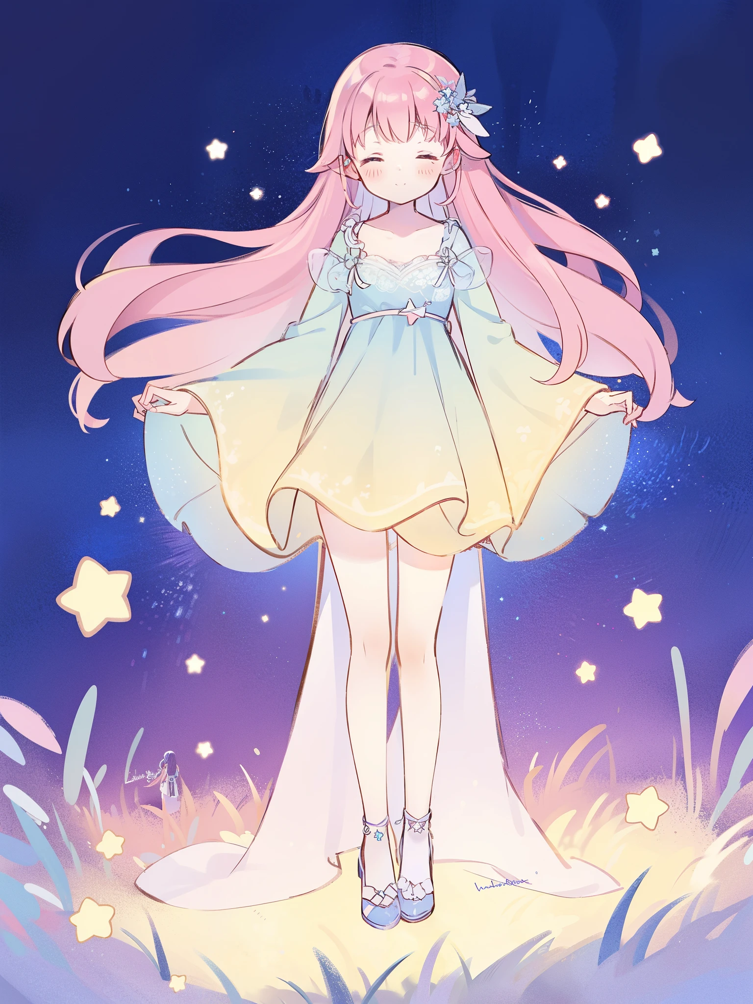 complex background, wishing star background, a woman wearing an ethereal layered gradient dress that reflects the stars, mystic, complex drawing, highly detailed, ethereal, starry night, midjourney style