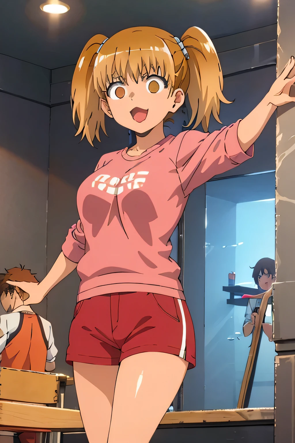 Very detailed, High quality (medium long shot), Illustration from the anime Ijiranaide Nagatoro San, of the character Yoshi, orange eyes, thick thighs, white sweatshirt, red shorts, in a giant aquarium, with people from the anime looking at the viewer. with enthusiasm.