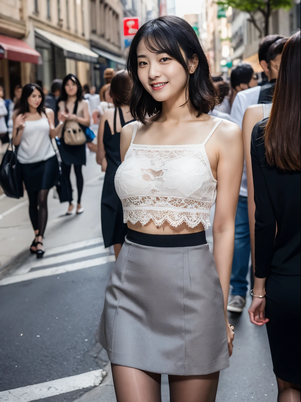 ,(RAW photos:1.2), (Reality:1.4),Beautiful and delicate girl, Very detailed eyes and face, Beautiful and delicate eyes, Extremely detailed, high resolution, The content is very detailed,Best quality,1個Giant Breast Girl,masterpiece,beautiful clothes,skirt,Implications,The content is very detailed,Unite,8k wallpaper,Meticulous attention to detail,masterpiece,Best quality,1個Giant Breast Girl,16 years old,Trendy girl,(Camel toe),(Full Body Love),Standing,1 Girl,The only person,Lace pantyhose,black hair,Shift Dress,Short skirt,A-line skirt,Long gray hair,Full Body Love,Looking at the audience,sleeveless,Off-shoulder,Smile,Standing,sleeveless连衣裙,High heel,bShoulder,Black shoes,City Streets