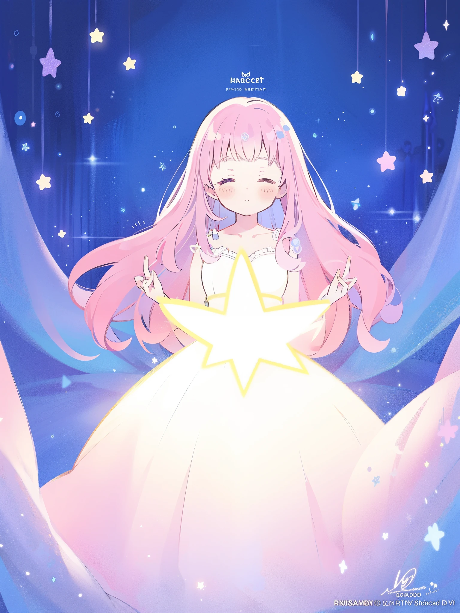 complex background, wishing star background, a woman wearing an ethereal mystical pink translucent dress that reflects the stars, perfume promo art, mystic, complex drawing, highly detailed, Covergirl brand, promo art, artistic rendition, ethereal, starry night, midjourney style