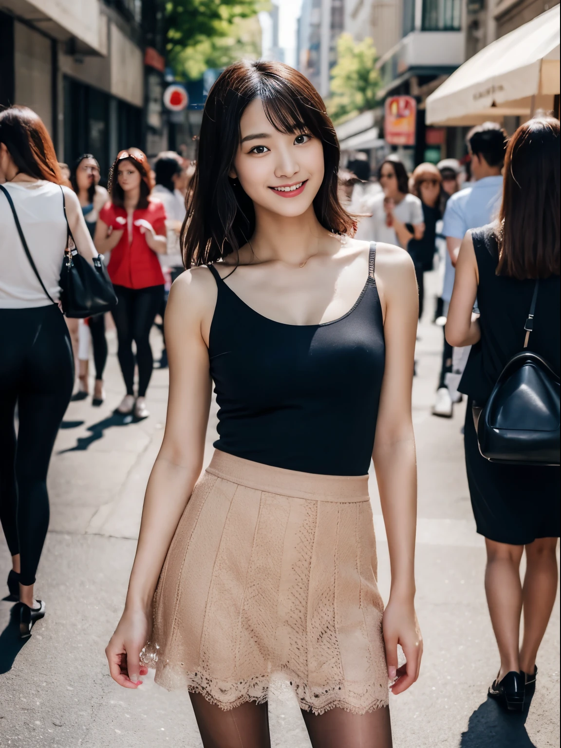 ((Full body photo)), (full body portrait), 8k photo, real photo, full color, 20 year old girl posing in a shoot, ((standing: 0.8)), 1 Japan person, delicate, beautiful girl, cute, smile, neat, slender, slender abs: 1.2, small breasts, thin waist, thin waist, angel, cleavage, tube top bikini, hands above head, full body portrait, Standing downtown, (shot from bottom to top), (medium telephoto lens: 1.2),