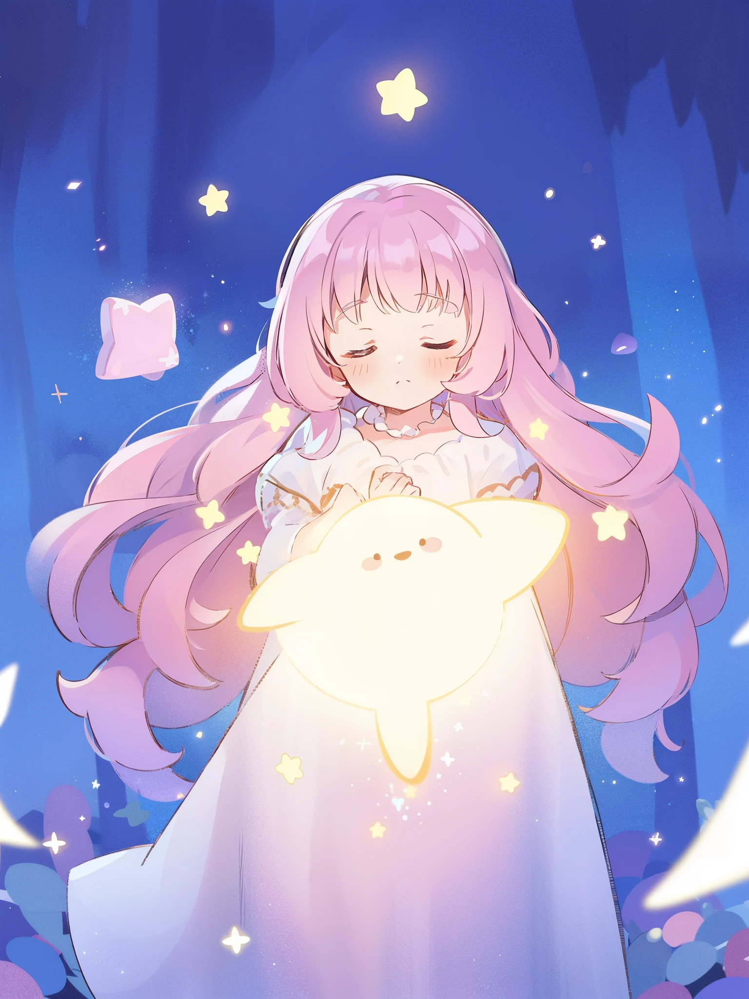 glowing stars, complex background, wishing star background, a woman wearing an ethereal mystical pink translucent dress that reflects the stars, magical, complex drawing, highly detailed, ethereal, starry night, midjourney style